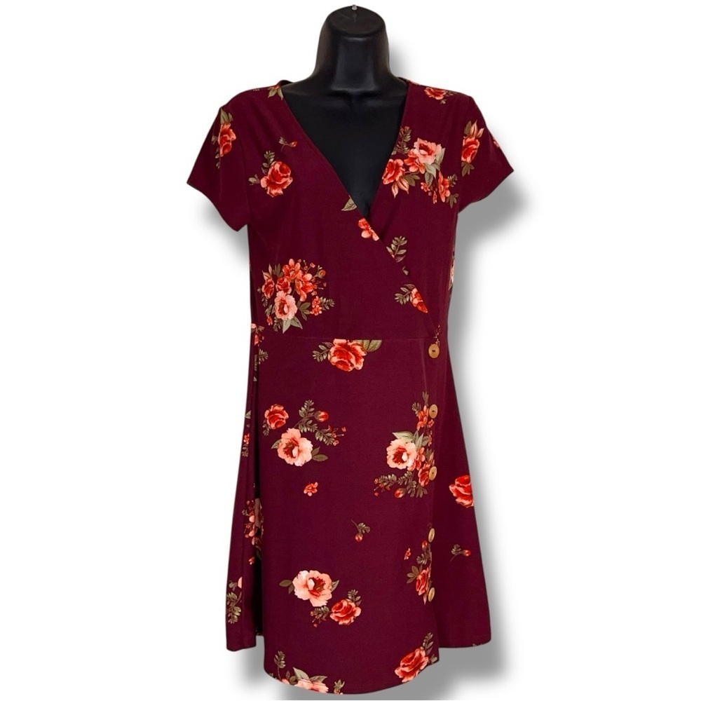 Juniors Medium Arizona Burgundy Floral Short Sleeve Dress Mini Vneck Stretch